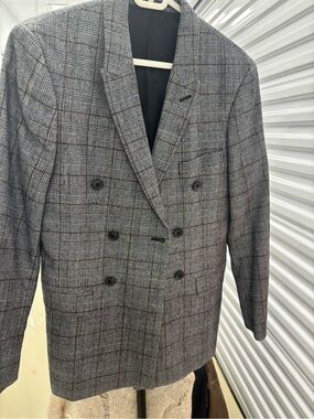 Topman Double-Breasted Glen Plaid Blazer - Gray with Blue Windowpane